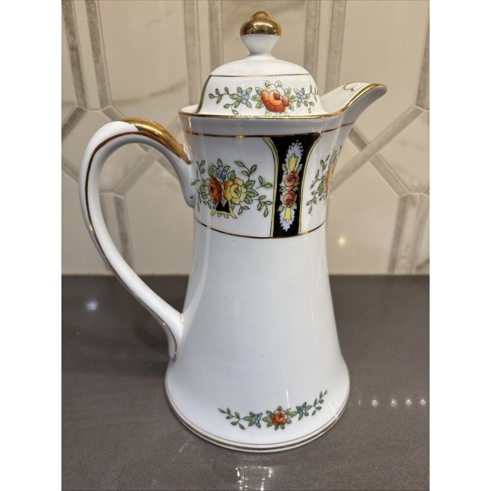 Vintage Noritake Tea Pot Hand Painted Pattern With Heart Shaped Spout 8” Gold